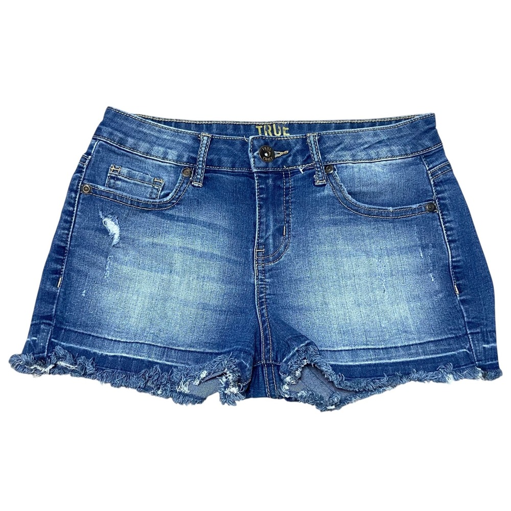 True Craft Denim Shorts Frayed Hem Distressed‎ Blue Wash Juniors Size 1 Short